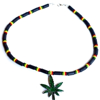 Rasta and Reggae Black Bead Necklace with Pot Leaf