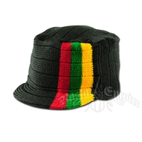 Knit Flat Top Cap with Rasta Stripe - Black