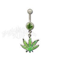Marijuana Leaf Belly Ring with Green Sparkle Jewel Body Jewelry