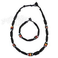 Rasta and Reggae Black Wood Tube Necklace & Bracelet Set