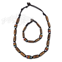 Rasta and Reggae Brown Wood Tube Necklace & Bracelet Set