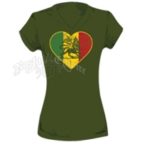 Rasta Lion of Judah Heart Kiwi V-Neck T-Shirt - Women's