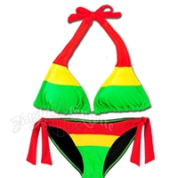 Rasta Color Block Halter and Side Tie Bottom Bikini Swimsuit
