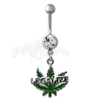 Marijuana Leaf Legalize Belly Ring with Clear Jewel Body Jewelry