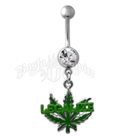 Marijuana Leaf Legalize Green Belly Ring with Clear Jewel Body Jewelry
