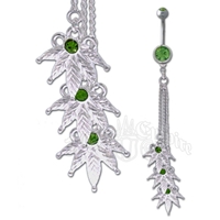 Three Chained Marijuana Leaf Belly Ring with Green Sparkle Jewel Body Jewelry