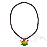 Rasta Wooden Bead Weed Leaf Necklace - Black