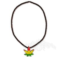 Rasta Wooden Bead Weed Leaf Necklace - Brown