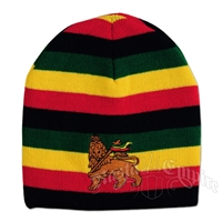 Lion of Judah on Thin Rasta Striped Beanie