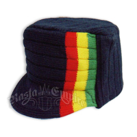 Knit Flat Top Cap with Rasta Stripe - Navy