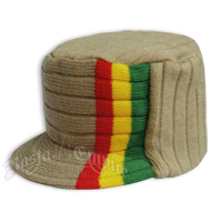 Knit Flat Top Cap with Rasta Stripe - Khaki/Tan