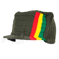 Knit Flat Top Cap with Rasta Stripe - Olive