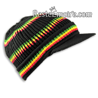 Rasta Cotton Knit Hat with Brim - Black w/Rasta Rings