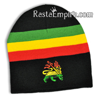 Lion of Judah with Rasta Stripes on Black Beanie Cap