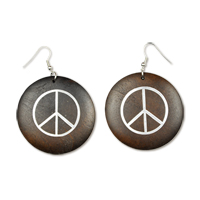 Wood Peace Sign Earrings - Dark Brown - Disc Shape