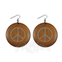Wood Peace Sign Earrings - Light Brown - Disc Shape