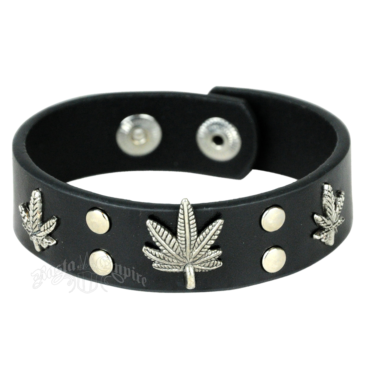 Tri-Leaf Black Leather Cuff Bracelet