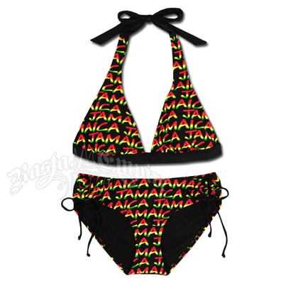 Rasta Jamaica Stripe Halter & Loop Tie Bottom Bikini Swimsuit