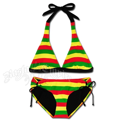 Rasta Stripe Halter & Loop Side Tie Bikini Swimsuit