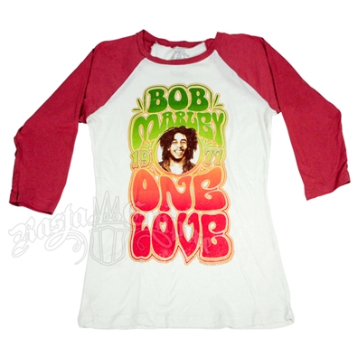 Bob Marley One Love Baseball Vintage Wht/Rust T-Shirt - Women's