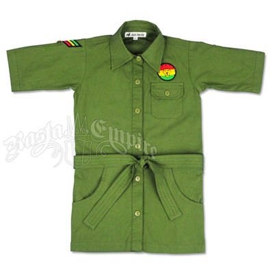 Dub Wise Little Girls Rasta Button Down Shirt - Dark Olive Green