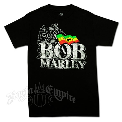Bob Marley Distressed Logo with Lion of Judah Black T-Shirt - Men's