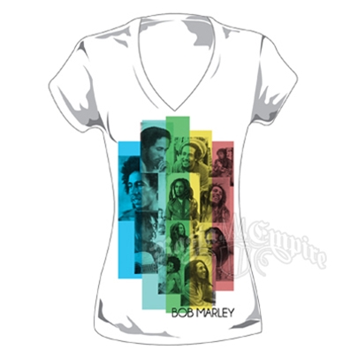 Bob Marley Rasta Collage V-Neck White T-Shirt - Women's