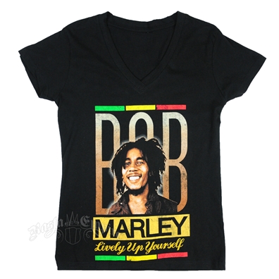 Bob Marley Lively Up Yourself V-Neck Black T-Shirt - Women's