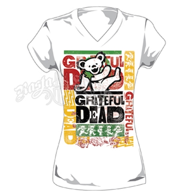 Grateful Dead Rasta Dancing Bears White V-Neck T-Shirt - Women's