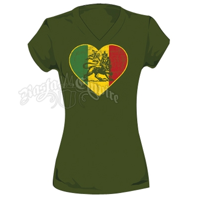 Rasta Lion of Judah Heart Kiwi V-Neck T-Shirt - Women's