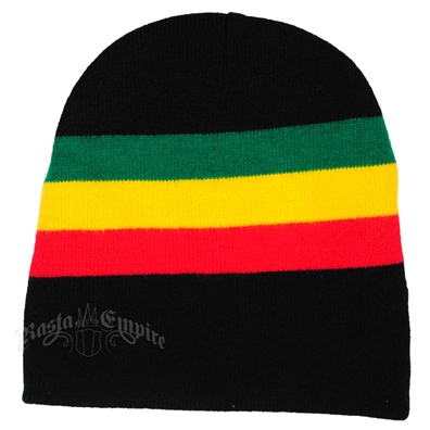 Rasta Slouch Beanie Hat - Oversized Knitted Cap In Black With Yellow, Red, Green Stripes (One Size)