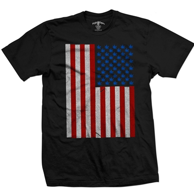 Seven Leaf Pot Leaf Stars American Flag Black T-Shirt – Men’s