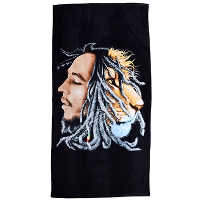 Bob Marley and Lion Profile Black Beach Towel | RastaEmpire.com