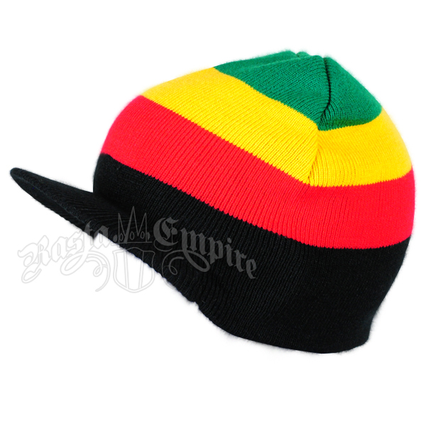 Mens Military Cable Knit Beanie Hat Cap with Visor in Black and Rasta Stripes 
