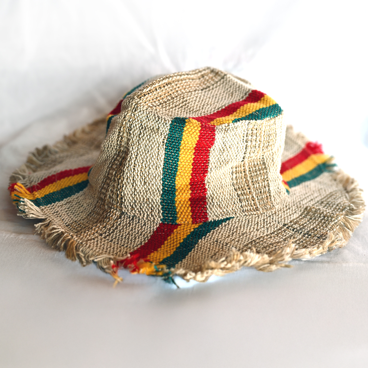 Woven Hemp Rasta Stripe Hat with Frayed Brim display picture 2