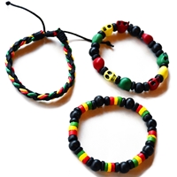 Rasta 3 Piece Braided, Beaded & Skull Bracelet Set