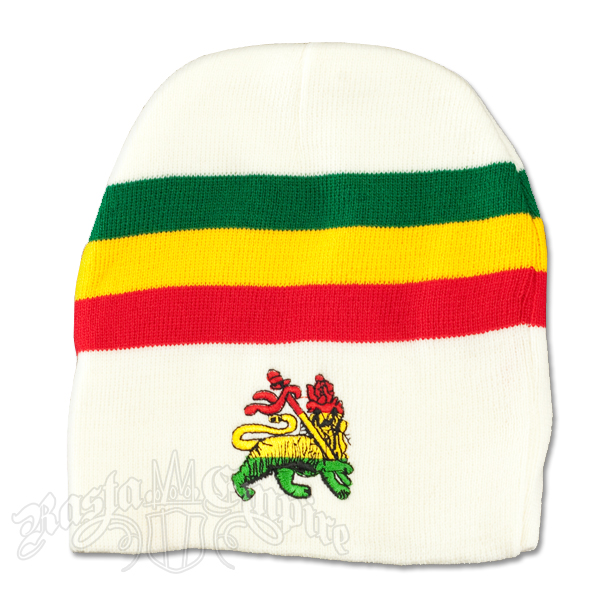 Lion of Judah with Rasta Stripes on White Beanie Cap