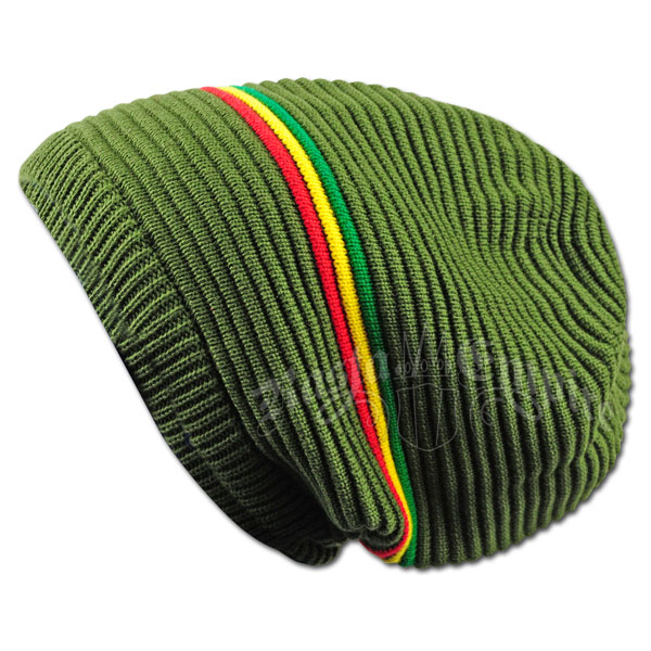 Oversized Beanie Cap - Olive/Rasta Stripe