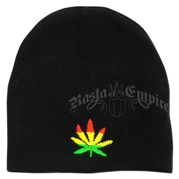 Rasta Marijuana Leaf On Black - Beanie Cap