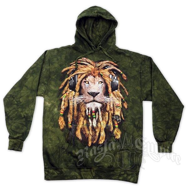 Rasta DJ Lion Olive Green Tie Dye Hoodie - Men's