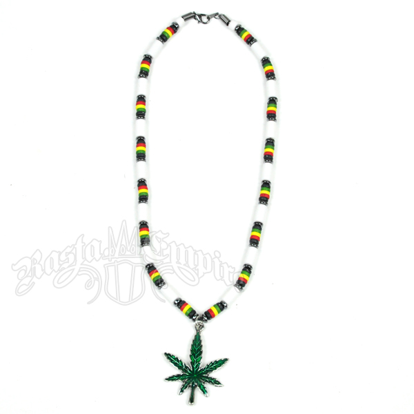 Rasta and White Bead Necklace with Pot Leaf