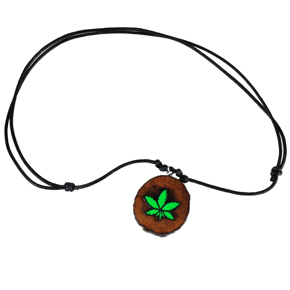 Round Wood Pot Leaf Leather Necklace