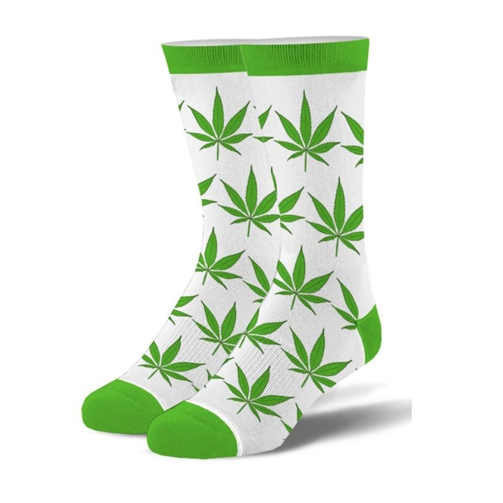 Weed Leaves - Green & White Crew Socks - Mens