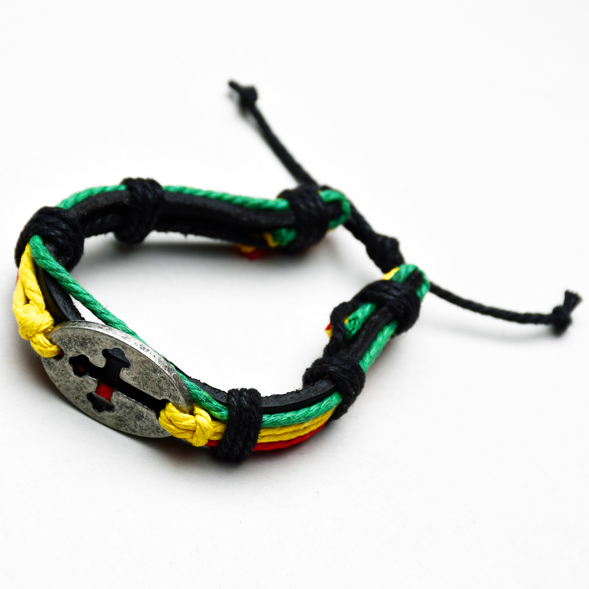 Rasta Cord and Cross Black Leather Bracelet