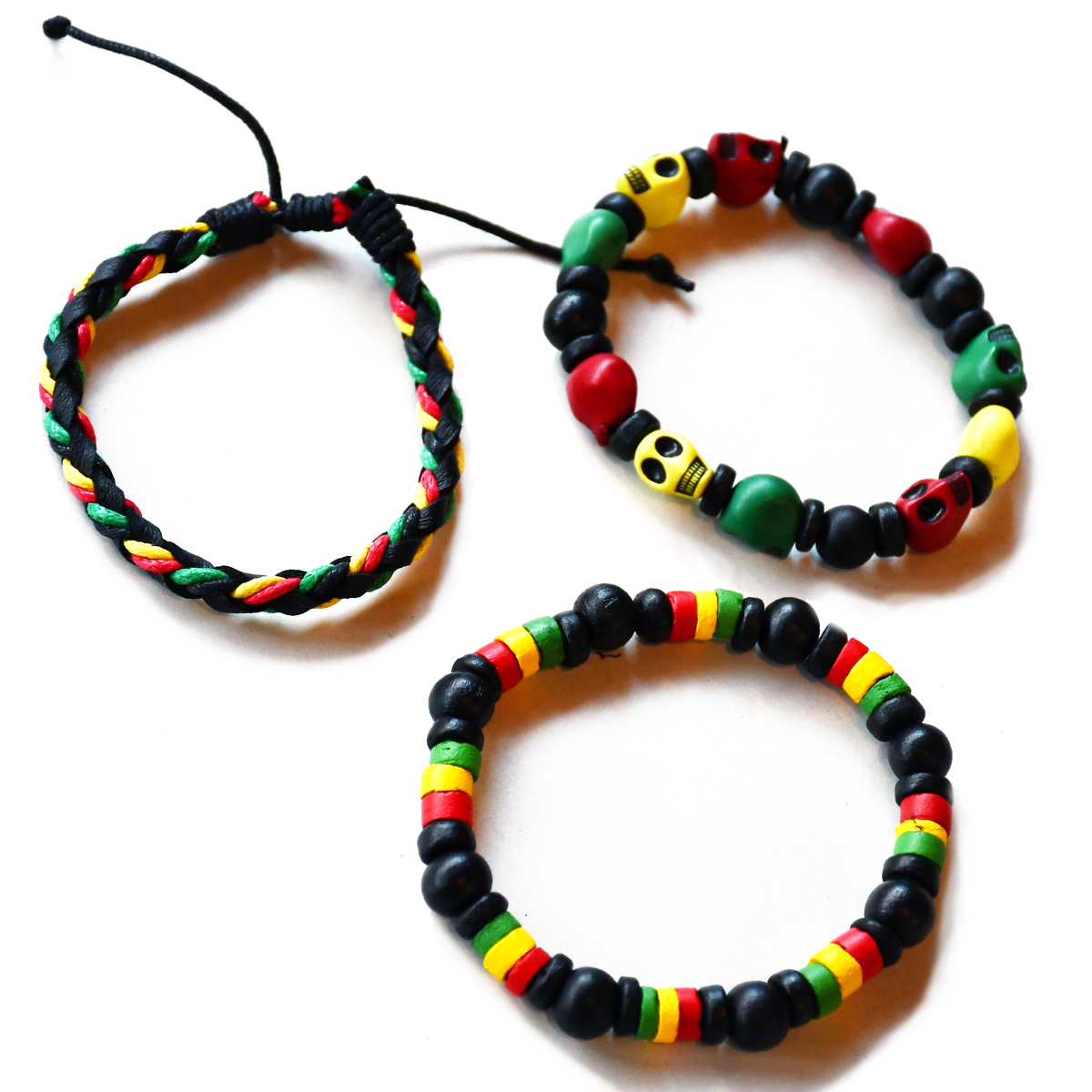 Rasta 3 Piece Braided, Beaded & Skull Bracelet Set