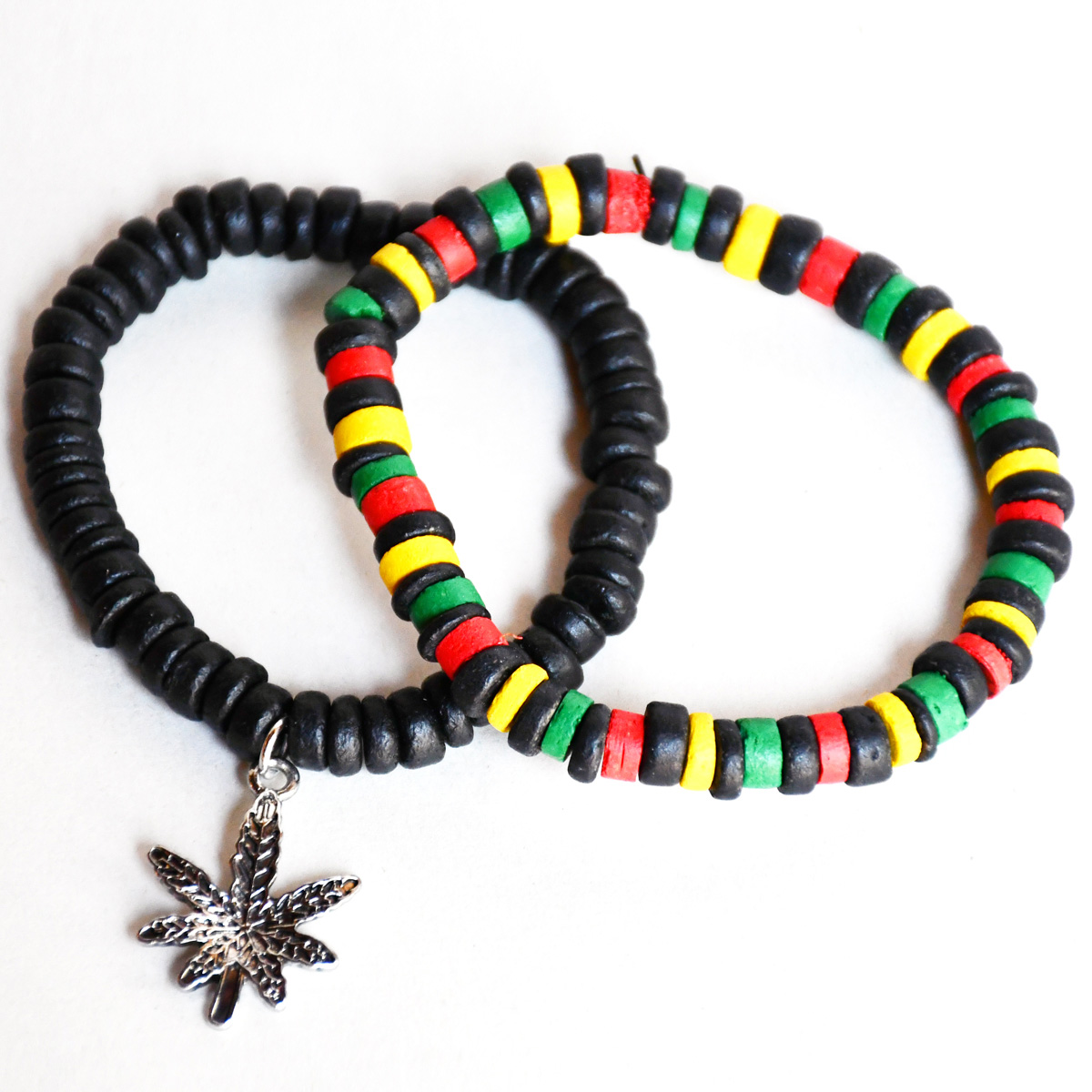 Rasta and Reggae Black Coco Bead Bracelet Set (2pcs)