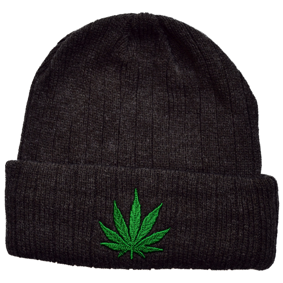 Charcoal Weed Leaf Embroidered Beanie