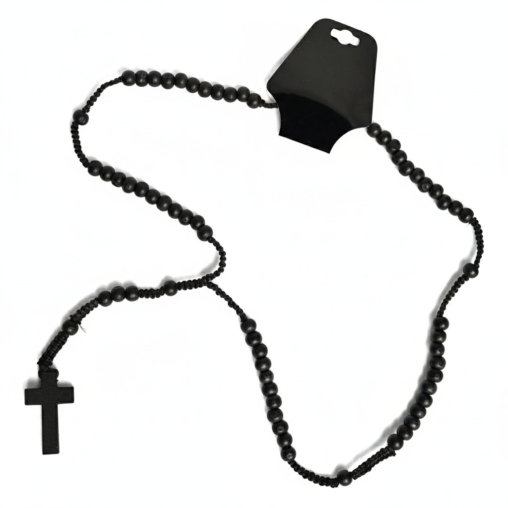 Black Beaded Rosary Style Cross Necklace