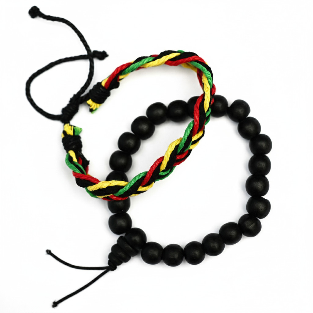 Rasta Braided Cord & Black Wood Bead Bracelet Set
