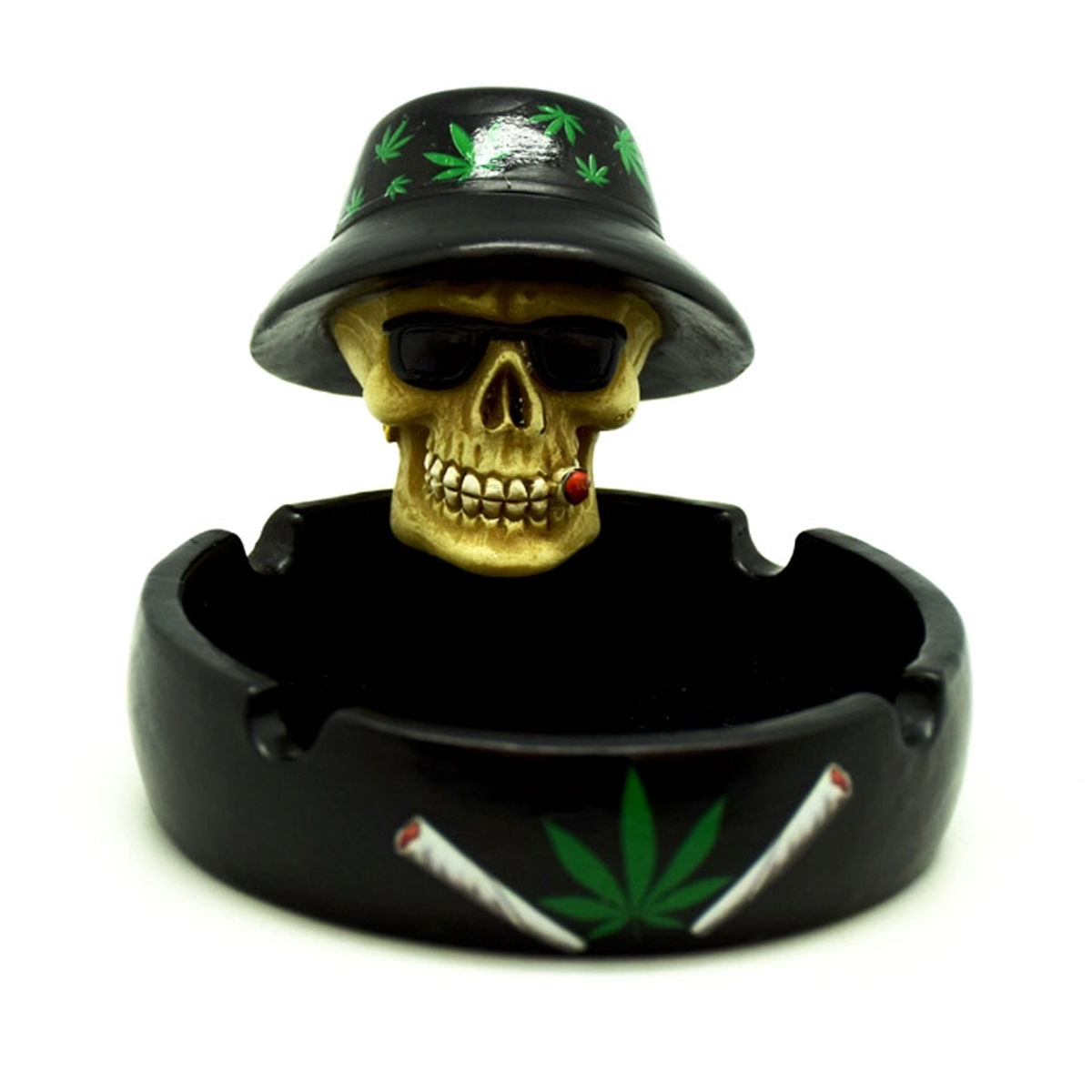 Smoking Skull with Cannabis Leaf Hat Ashtray